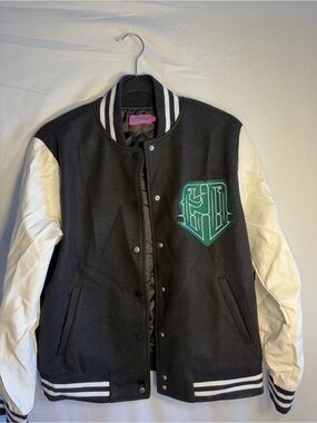 Edikted with Black Varsity Jacket with White Sleeves and Green Crest